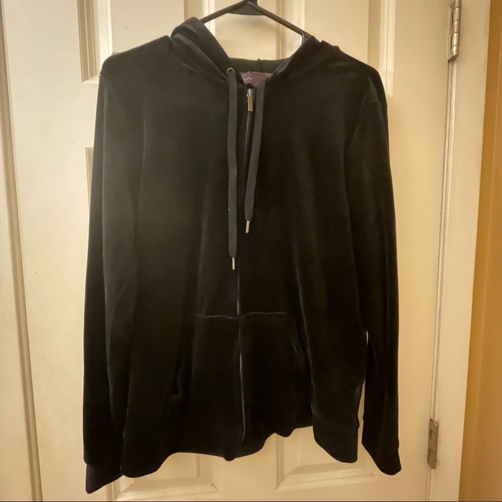 Gloria Vanderbilt Women's Black Velour Hooded Zip Up Jacket Size Large